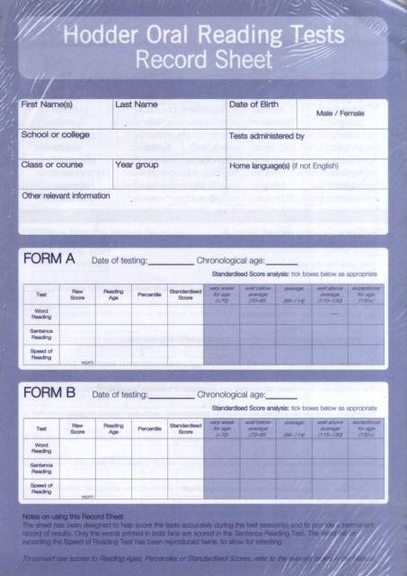 HODDER ORAL READING TESTS: RECORD SHEET PK10 | 9780340912614