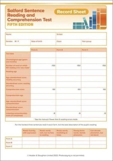 SSRCT RECORD SHEET PK10 (FIFTH EDITION) (SALFORD SENTENCE READING AND COMPREHENSION TEST) | 9781398321809